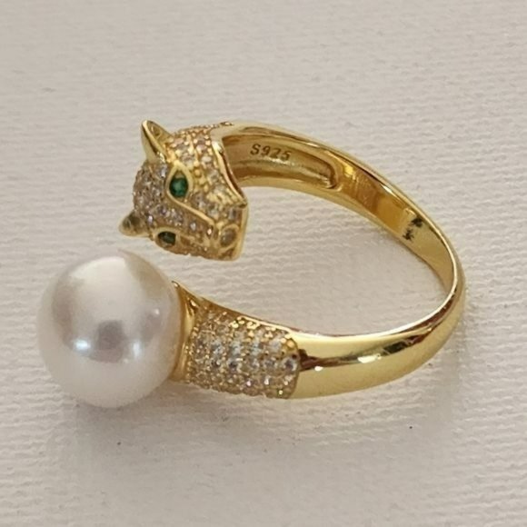 925S Genuine 10 mm Freshwater Pearl Adjustable Gold Ring With Leopard Design - Picture 1 of 16